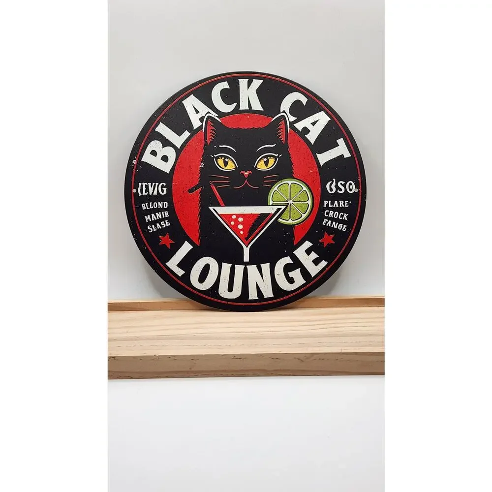 Brand New Black Cat Lounge Cocktail Round Metal Wall Sign